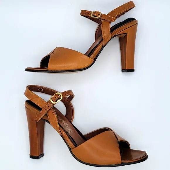 Vintage 70s Footworks Made in USA Leather Heel Open Toe Sandals Size 6N NWOT